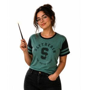 Harry Potter Slytherin V Neck Varsity Tee M Green Black Graphic Shirt